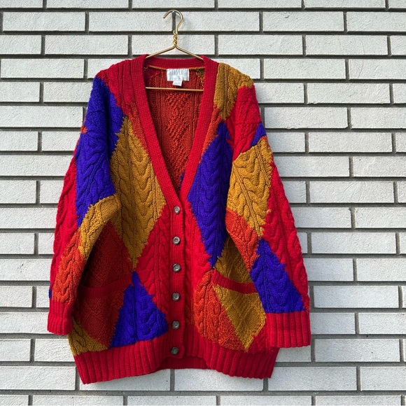 Vintage Sweaters - Vintage Limited Wool Red Yellow Purple Colorblock Cable Knit Cardigan Sweater